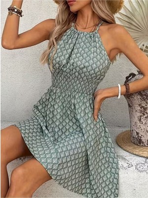 Stelol Kadın Omuzlardan Açık Boyun Arkasından Bağcıklı Beli Lastikli Kısa Süprem Elbise