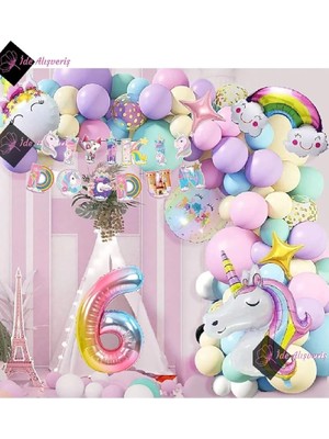 Pearl Shop 6 Yaş Karakterli Unicorn Temalı Iyi Ki Doğdun Makaron Balon Doğum Günü Parti Kutlama Seti BMCNM347