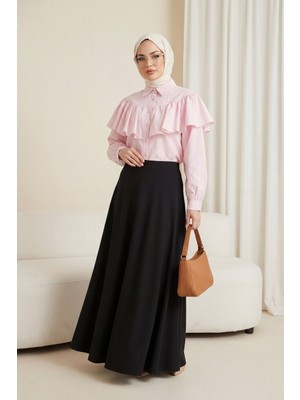Moda Morfo Önü ve Omuzu Fırfır Detaylı Poplin Gömlek Bluz -Pembe