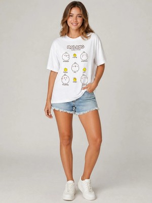 Akabi Online Kadın Beyaz Baskılı Tişört %100 Pamuk Oversize/relax Fit Basic Kısa Kol Bisiklet Yaka Yazlık Günlük T-Shirt