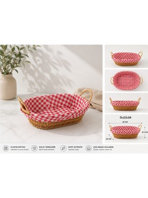 WoodBay Plastik Rattan Ekmek Sepeti Oval - Kumaşlı Hasır Görünümlü Sunum Sepeti Çok Amaçlı Mutfak Organizer