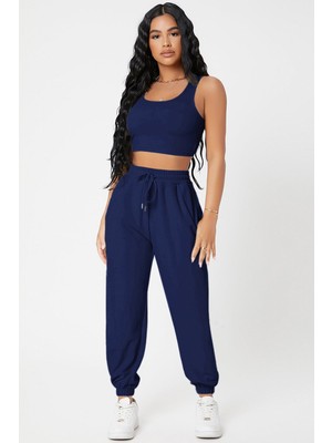 EkoAlışverişDünyam Kadın Lacivert Kaşkorse Cepli Jogger Eşofman Altı ve Crop Top Bluz