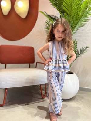 İpek Baby Kız Çocuk Çizgili Desenli Keten Alt Üst Takım