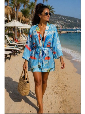 Made by Alisha Mavi Istanbul Desenli Şifon Kimono