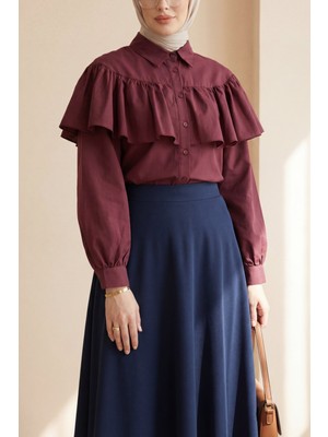 Moda Morfo Önü ve Omuzu Fırfır Detaylı Poplin Gömlek Bluz -Bordo