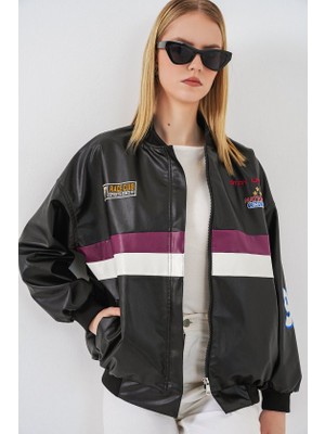 Trend Cojans 0698 Baskılı Suni Deri Bomber Ceket - Bordo