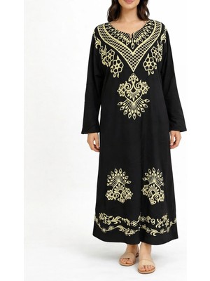 Sile Atelier Kadın Siyah Baskılı Etnik Desenli Uzun Elbise