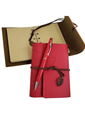 Erseyy Özel Ahşap Kutulu Kırmızı Deri Defter ve Kalem Set