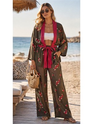 Made by Alisha Haki Çiçekli Krep Kimono Takımı