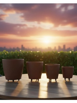 TKÇ 4’lü 3D Kahverengi Ayaklı Dekoratif Saksı Takımı Modern Tasarım