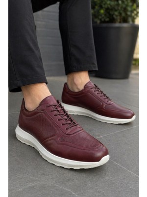 Zueofficial Erkek Bordo Hakiki Deri Sneaker Günlük Şık Spor Ayakkabı Hafif Rahat Taban