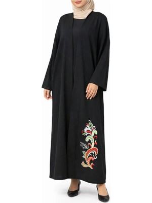 Sıle Atelıer Etek Ucu Nakışlı Siyah Tesettür Kimono Ferace