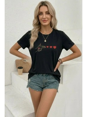Buğrahayalin Minimal Kalp Işaret Baskılı Tişört Kısa Kol Yazlık T-Shirt - Siyah