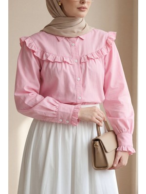Moda Morfo Fırfır Detaylı Düğmeli Kısa Gömlek -Pembe