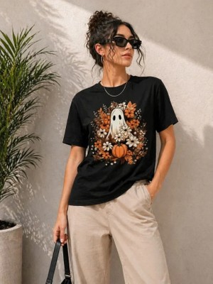 Passense Balkabağı Hayalet Baskılı Tişört Kısa Kol Yazlık T-Shirt - Siyah