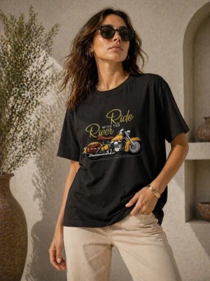 Gökyüzü Moda Motosiklet Baskılı Tişört Bisiklet Yaka Kısa Kol Yazlık T-Shirt - Siyah