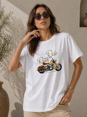 Gökyüzü Moda Motosiklet Baskılı Tişört Bisiklet Yaka Kısa Kol Yazlık T-Shirt - Beyaz