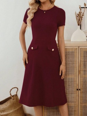 Nidam Butik Kadın Kısa Kollu Bisiklet Yakalı Cep Detaylı Midi Ithal Krep Elbise
