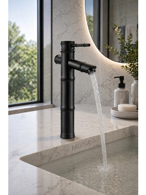 Mixsa Lüx Premium Siyah Bambu Çanak Lavabo Bataryası Eskitme Hissiyatlı Uyumlu Mat Siyah Musluk
