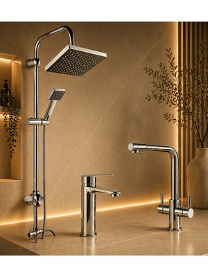 Mixsa Lüx Premium Krom 3'lü Set Robot Duş Seti Sabit Lavabo 3 Yollu Arıtma Musluğu Çeşmesi Bataryası Banyo Mutfak Seti