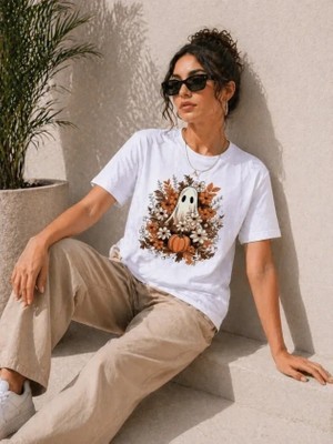 Antakya Yöresi Balkabağı Hayalet Baskılı Tişört Kısa Kol Yazlık T-Shirt - Beyaz
