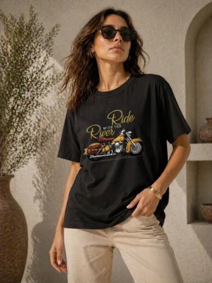 Antakya Yöresi Motosiklet Baskılı Tişört Bisiklet Yaka Kısa Kol Yazlık T-Shirt - Siyah