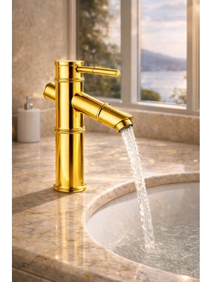 Mixsa Lüx Premium Gold Pirinç Bambu Lavabo Bataryası Çeşmesi Musluğu