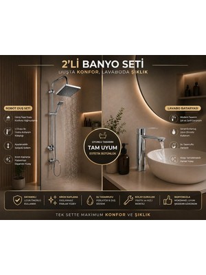 Mixsa Lüx Premium Krom Robot Duş Seti Sabit Lavabo Bataryası 2'li Avantaj Seti Modern Tasarım
