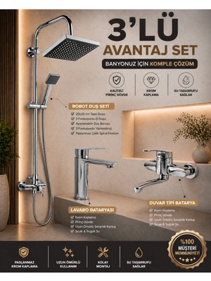 Mixsa Krom Lüx 3'lü Set Robot Duş Seti Çift Su Girişli Mutfak Bataryası ve Sabit Lavabo Bataryası Modern Tasarım Avantajlı Set
