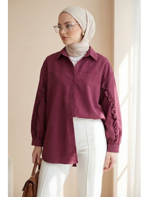 Moda Morfo Kolları Fırfırlı Düğmeli Poplin Gömlek -Bordo