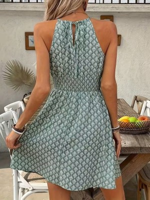 Gökyüzü Moda Kadın Omuzlardan Açık Boyun Arkasından Bağcıklı Beli Lastikli Kısa Süprem Elbise