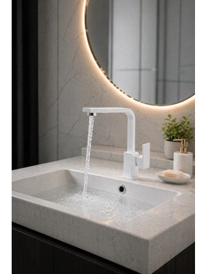 Mixsa Lüx Premium Beyaz Kare Lavabo Bataryası