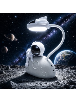 Kuzey Oyuncak Özeltasarım Ay Üstünde Beyaz Astronotlu Gece Lambası Beyaz LED Işıklı Astronotlu Masa Lambası Şarjlı