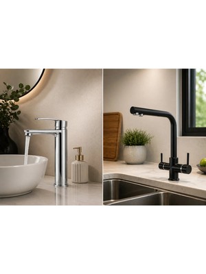 Mixsa Lüx 2'li Set Krom Sabit Lavabo Bataryası ve 3 Yollu Arıtma Musluğu Mutfak Bataryası Çeşmesi Musluğu