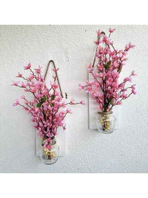 Özbience LED Işıklı Pembe Sakura Çiçekli Duvar Dekoru Beyaz Ikili Set
