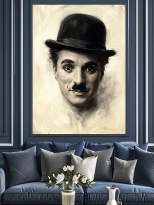 Tablomega Klasik Şapkalı Charlie Chaplin Portresi Dekoratif Kanvas - Mdf Ahşap Tablo