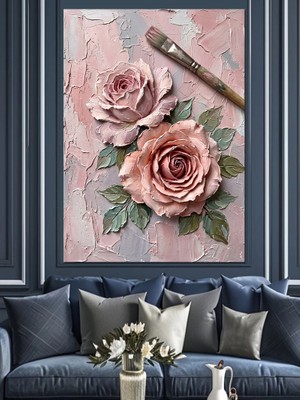 Artmeg Kabartma Dokulu Pembe Güller ve Fırça Dekoratif Kanvas - Mdf Ahşap Tablo