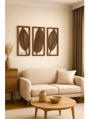 Özbience Şık Ahşap Yaprak Desenli Duvar Dekoru 3'lü Set, Modern Siyah Tasarım