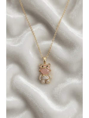 Lumina 316L Çelik Zincir Gold Renk Teddy Bear Model Zirkon Taşlı Kadın Kolye