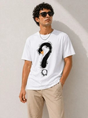 Defy Moda Erkek Kuğu Figürlü Soru Işareti Baskılı Tişört Kısa Kol T-Shirt - Beyaz