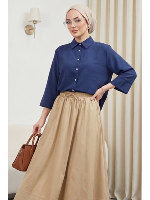 Moda Morfo V Yaka Düğmeli Yarım Kol Modal Gömlek -Laci