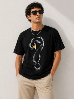 Defy Moda Erkek Kuğu Figürlü Soru Işareti Baskılı Tişört Kısa Kol T-Shirt - Siyah