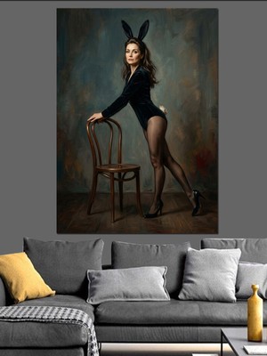 Karizma Tablo Tavşan Kulaklı Pin-Up Kadın Figürü Dekoratif Kanvas - Mdf Ahşap Tablo