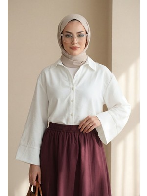 Moda Morfo V Yaka Düğmeli Yarım Kol Modal Gömlek -Beyaz