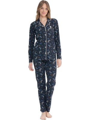 U.s. Polo Assn. 17119 Ay Yıldız Desenli Uzun Kollu Boydan Düğmeli Gömlek Pijama Takım