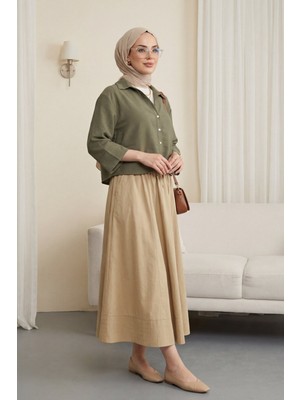 Moda Morfo V Yaka Düğmeli Yarım Kol Modal Gömlek -Haki