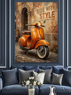 Artmeg Retro Turuncu Scooter Motosiklet Dekoratif Kanvas - Mdf Ahşap Tablo