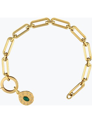 Goldium Jewellery Oval Yeşil Taşlı Asimetrik Madalyon Uçlu Charm Bileklik