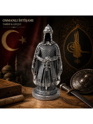 Kesene Prestij Güç Sembolü Tarihi Osmanlı Zırhlı Pelerinli Savaşçı Asker Biblo anlamlı Hediye Gümüş 28 cm