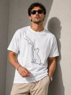 Zenvia Erkek Minimal Kedi Çizim Baskılı Tişört Kısa Kol Yazlık T-Shirt - Beyaz